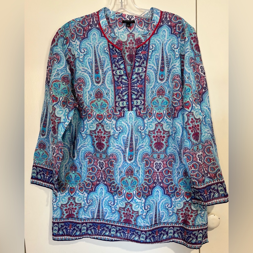 TALBOTS lightweight cotton TUNIC TOP boho LONG SLEEVE women’s XL navy red teal